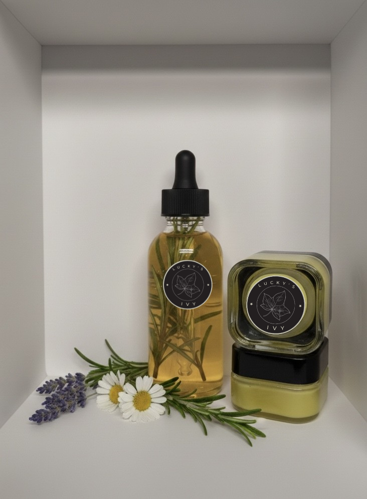 Lucky’s Ivy® Golden Perimeno Growth Restore Oil and Golden Night Under-Eye Balm displayed in a white box with chamomile, rosemary, and lavender stems beside them, highlighting stress relief and perimenopause wellness.