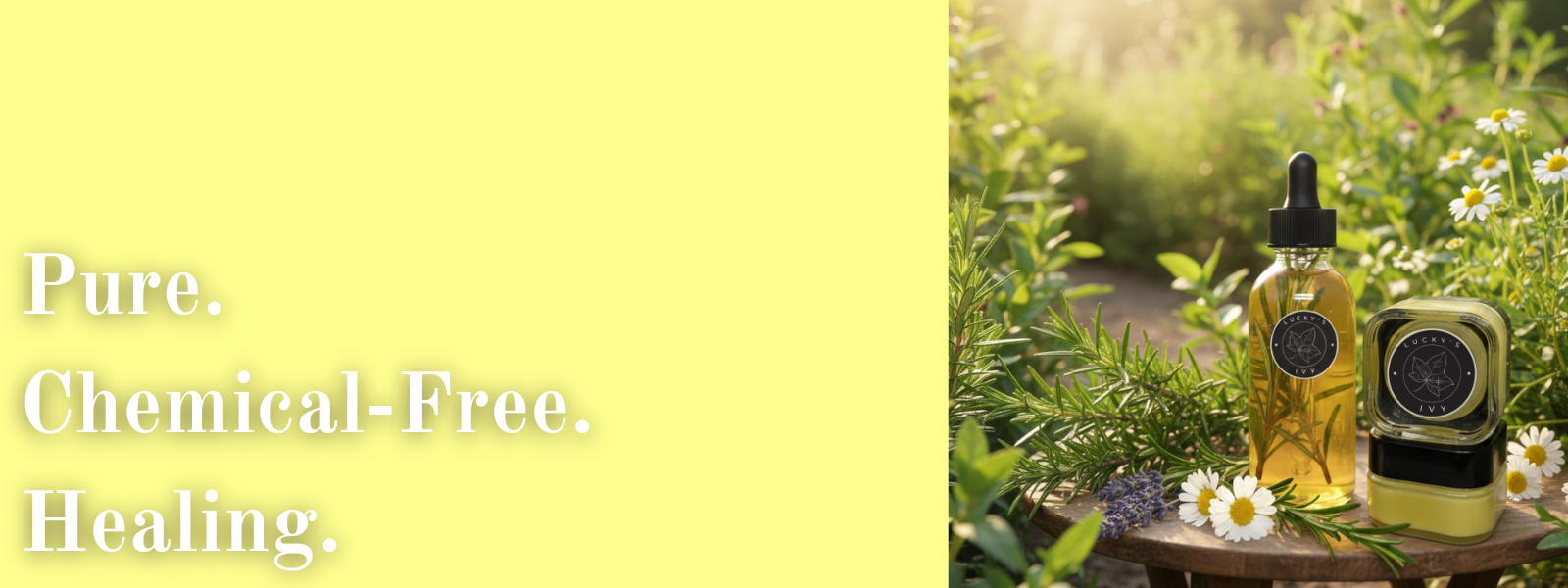 Banner with Lucky’s Ivy® Golden Perimeno Growth Restore Oil and Golden Night Under-Eye Balm on a small table in a sunlit herbal garden, left side text on soft yellow background reading “Pure. Chemical-Free. Healing.”