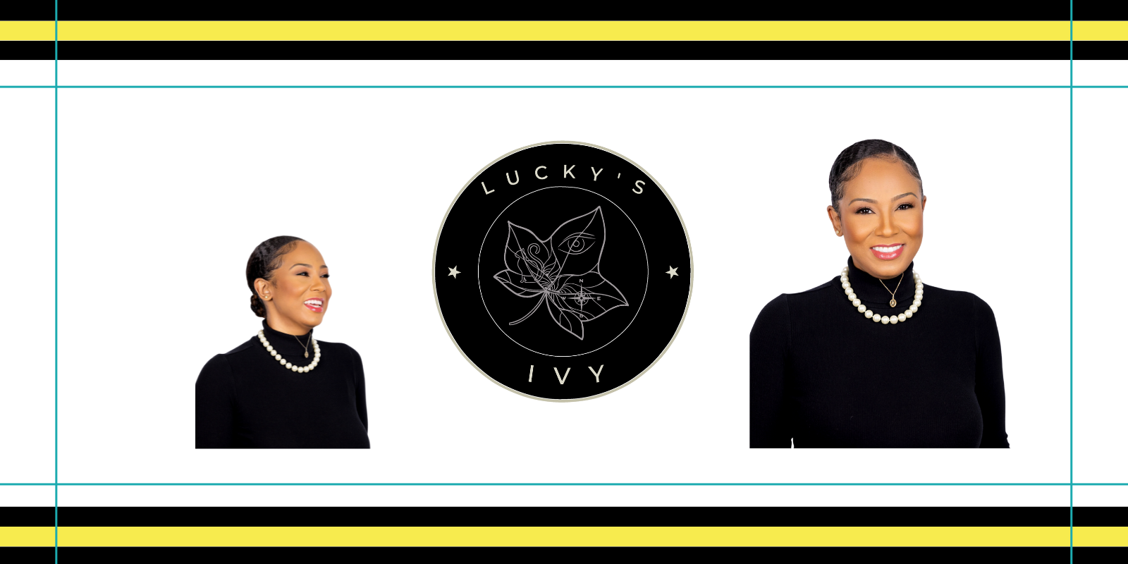 Banner with two images of Lucky Tigereye – left image looking off to the side laughing, right image smiling forward, with Lucky’s Ivy® logo in the center featuring an ivy leaf, eye, cat, and compass.