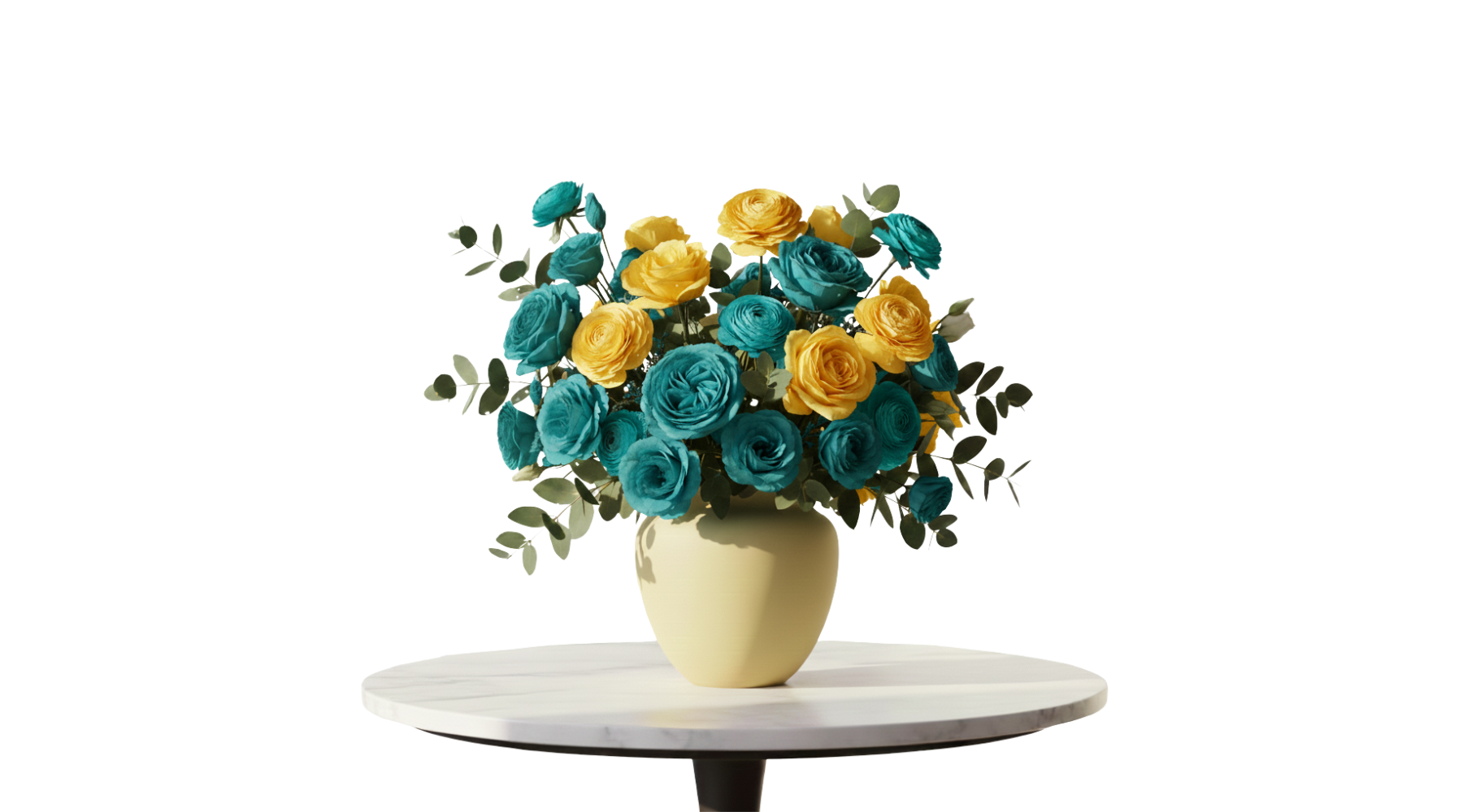 Cream-colored vase filled with soft yellow and teal flowers on a white marble table with a solid white background.